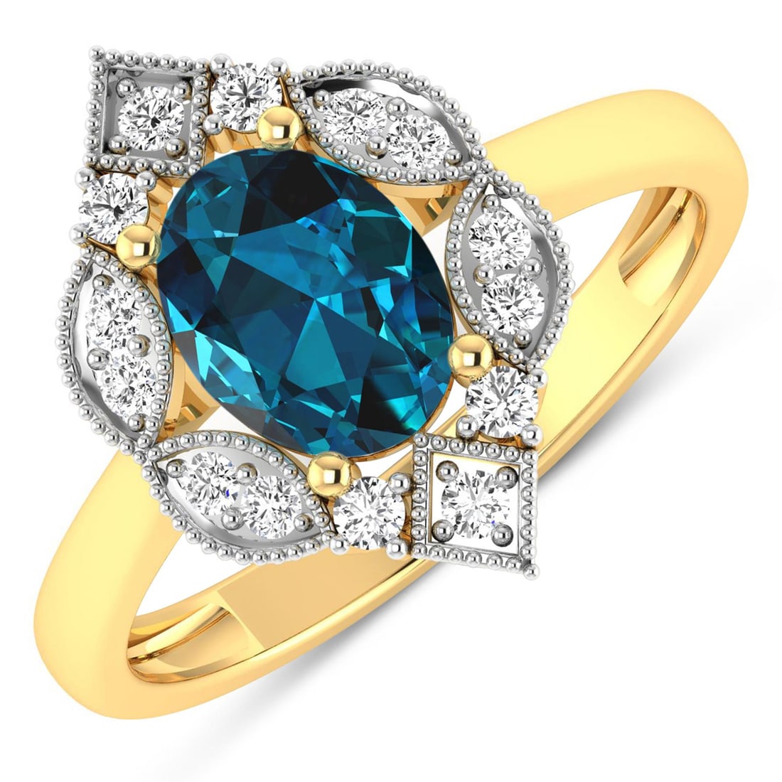 14KT Yellow Gold 1.1ctw London Blue Topaz and Diamond Ring: London Blue Topaz Oval 8x6mm - 1Pc + White Diamond F/C Round 1.50mm - 14Pcs ( White Pan Rhodium ) (I1-I2/I color) Total weight of gemstone is 1.1cts. Total Diamond weight is 0.2cts. Total weight of th