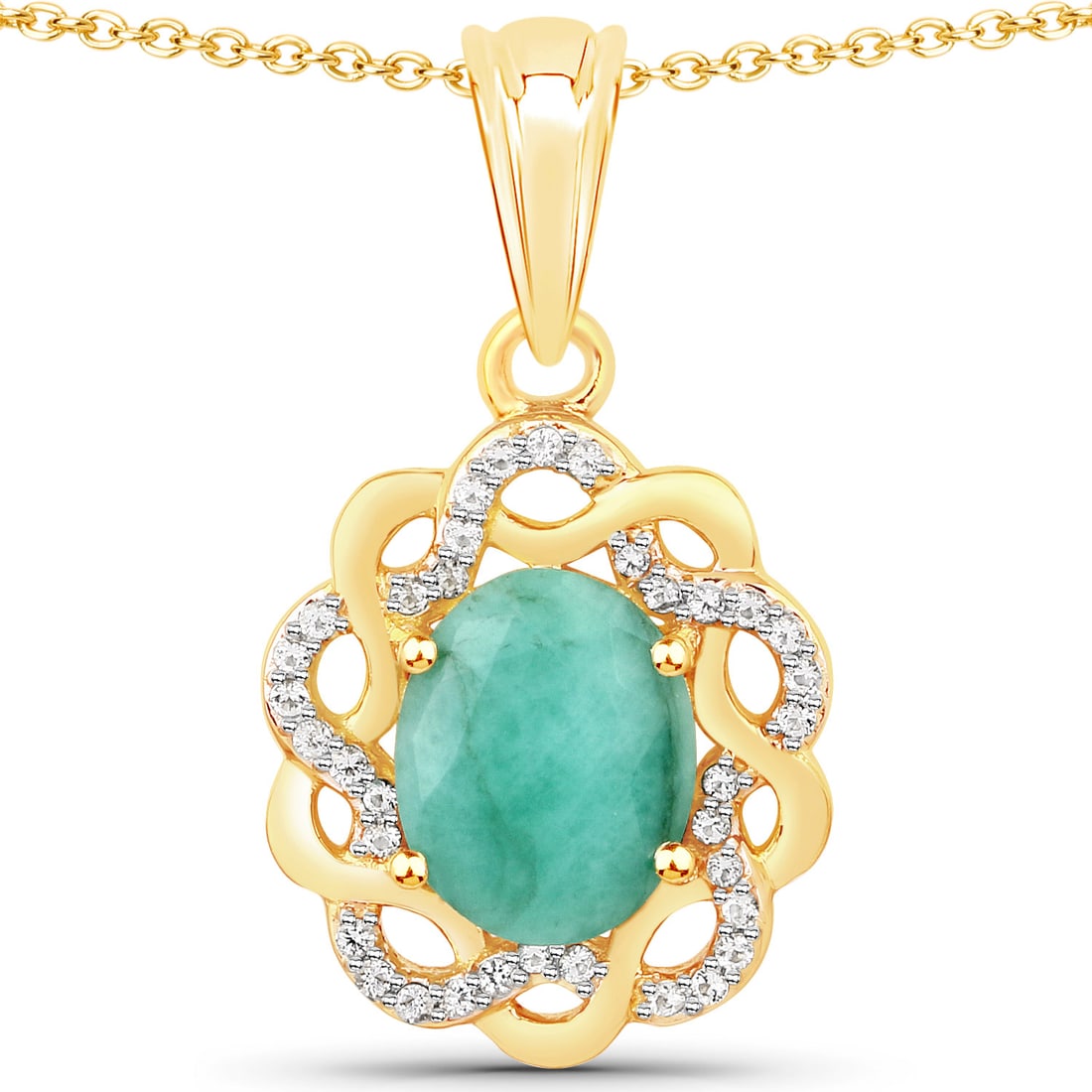 Plated 14KT Yellow Gold 2.78ctw Emerald and White Topaz Pendant: This 14K yellow gold?plated .925 sterling silver halo pendant showcases a striking 2.78 ctw of natural gemstones, anchored by a vibrant 10?8 mm natural emerald weighing 2.60 ctw. The center stone?oile