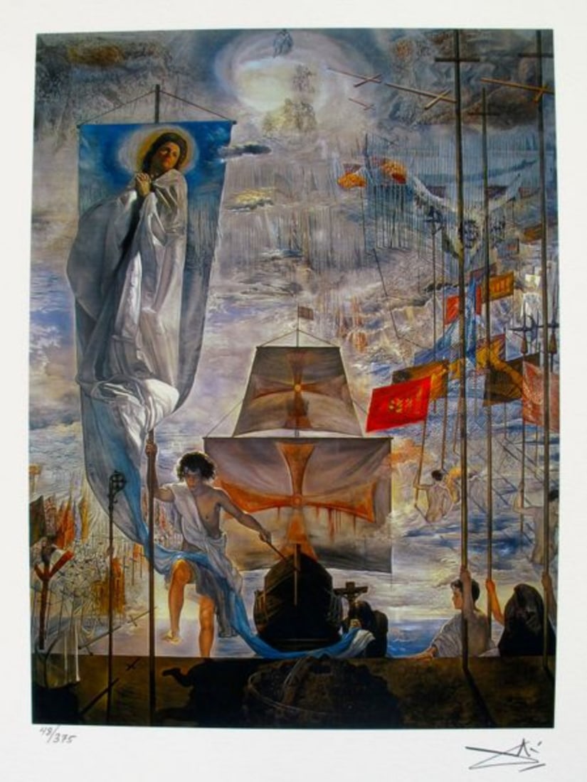 Salvador Dali DISCOVERY OF AMERICA Facsimile Signed Limited Edition Giclee: This is a limited edition giclee titled DISCOVERY OF AMERICA by Salvador Dali. This piece is facsimile signed on the lower right. Pencil numbered from an edition of 375. Paper measures 15 inches x 11 