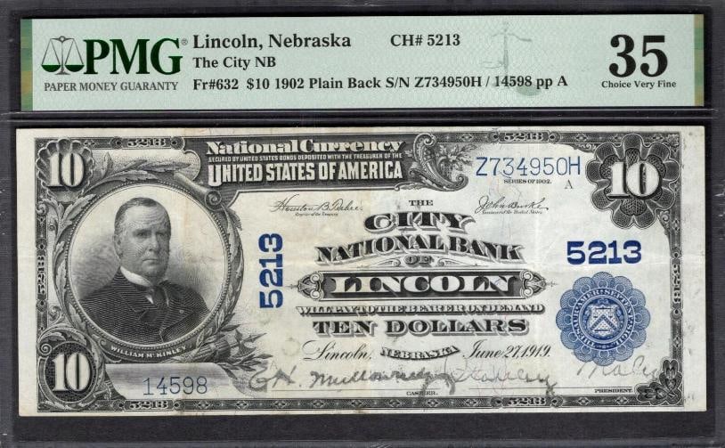 1902 $10 Lincoln NE National PMG 35: One 1902 $10 Lincoln NE National PMG 35.
