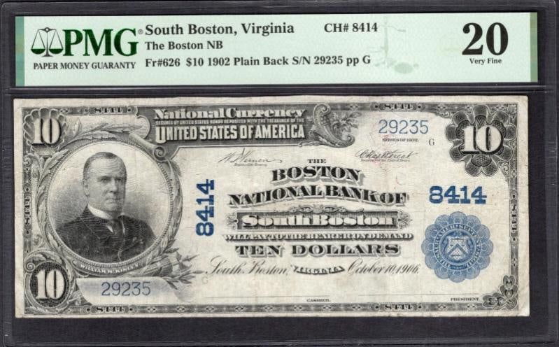 1902 $10 South Boston VA National PMG 20: One 1902 $10 South Boston VA National PMG 20.