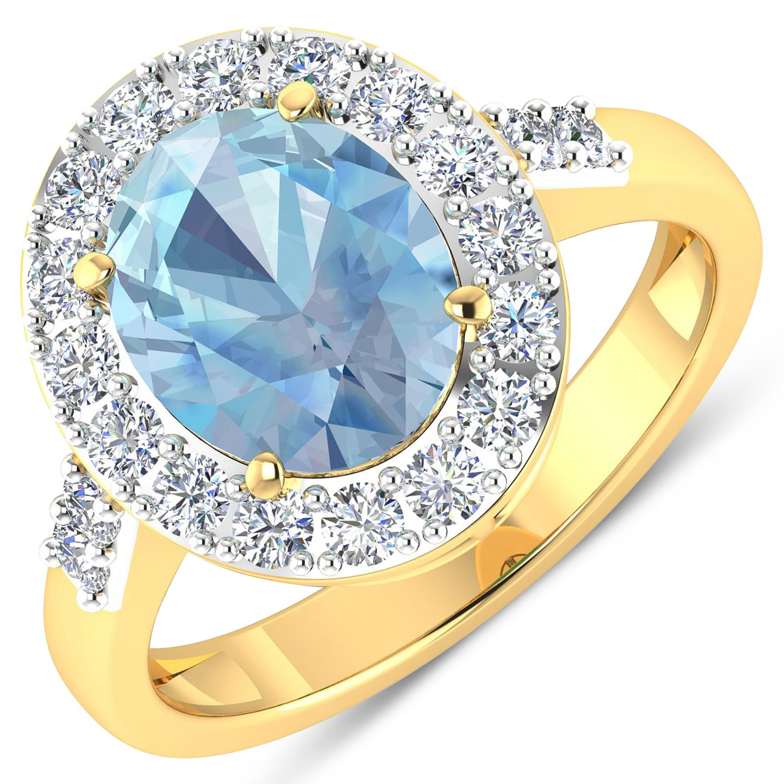 14KT Yellow Gold 1.9ct Aquamarine and Diamond Ring: Aquamarine (AA+) Oval 10x8mm - 1Pc + White Diamond F/C Round 2.00mm - 20Pcs ( White Pan Rhodium ) ( Diamond Quality : SI-2/HI ). Total weight of gemstone is 1.9cts. Total weight of Diamonds is 0.6cts.