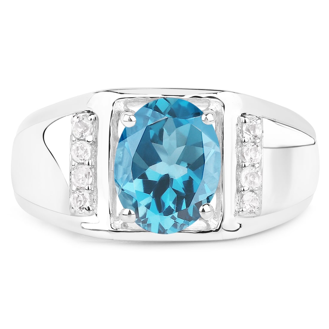 Plated Rhodium 2.18ct London Blue and White Topaz Ring: This rhodium?plated .925 sterling silver solitaire ring showcases a bold 2.68 ctw of natural gemstones, led by a striking 9?7 mm oval London blue topaz weighing 2.50 ctw. Eight 1.50 mm natural white t