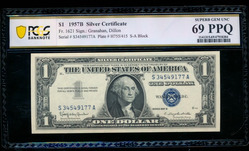 1957B $1 Silver Certificate PCGS 69PPQ: One 1957B $1 Silver Certificate PCGS 69PPQ.