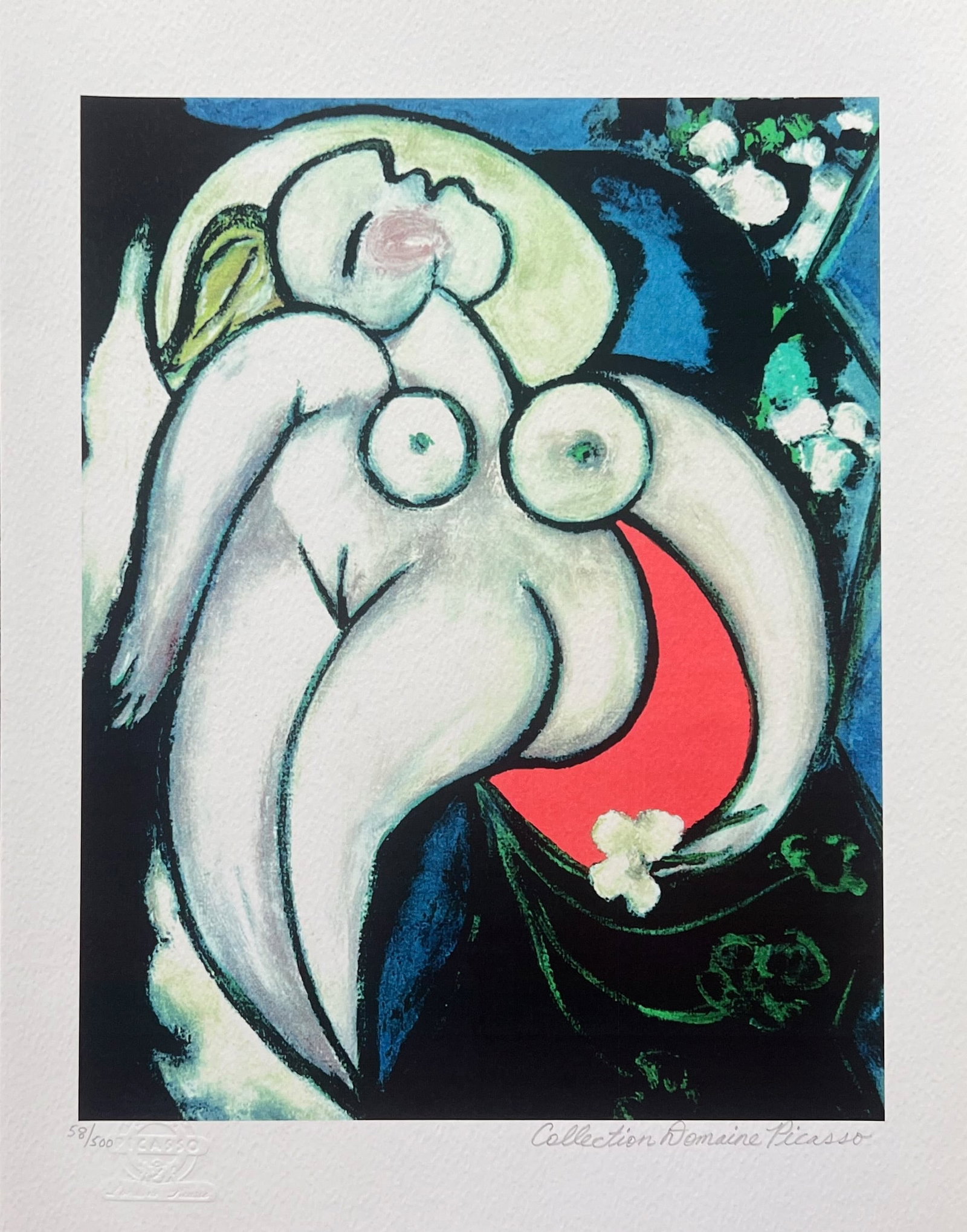 Pablo Picasso RECLINING NUDE Estate Signed Limited Edition Giclee: This is a PABLO PICASSO (ESTATE COLLECTION DOMAINE) (1881-1973) small giclee titled Reclining Nude. This piece is pencil signed on the lower right as Collection Domaine Picasso and has an embossed sea