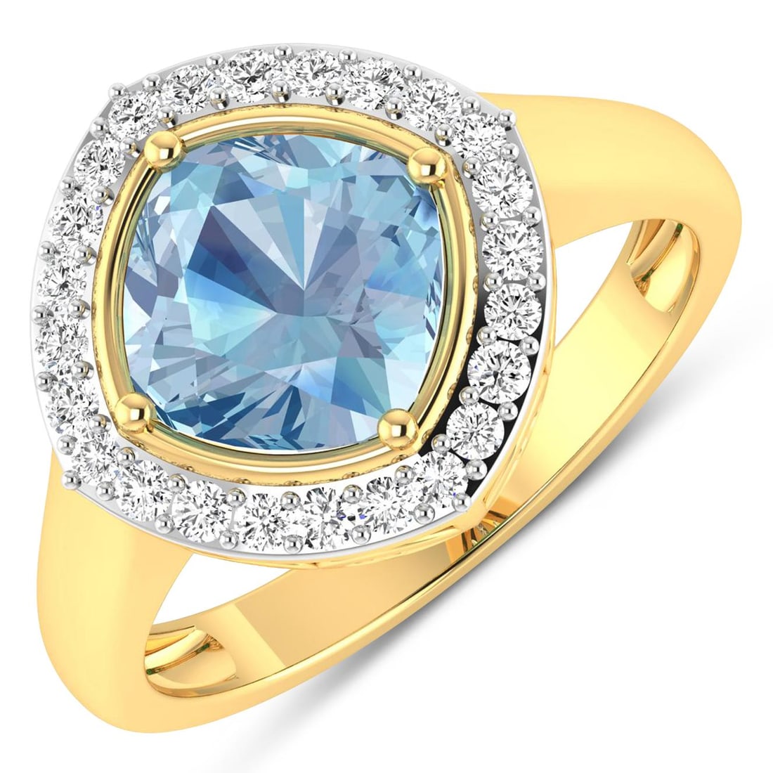 14KT Yellow Gold 1.48ctw Aquamarine and Diamond Ring: Aquamarine (AA+) Cushion 8.00mm - 1Pc + White Diamond F/C Round 1.30mm - 24Pcs ( White Pan Rhodium ) ( SI-2/HI ) Total weight of gemstone is 1.48cts. Total Diamond weight is 0.24cts. Total weight of