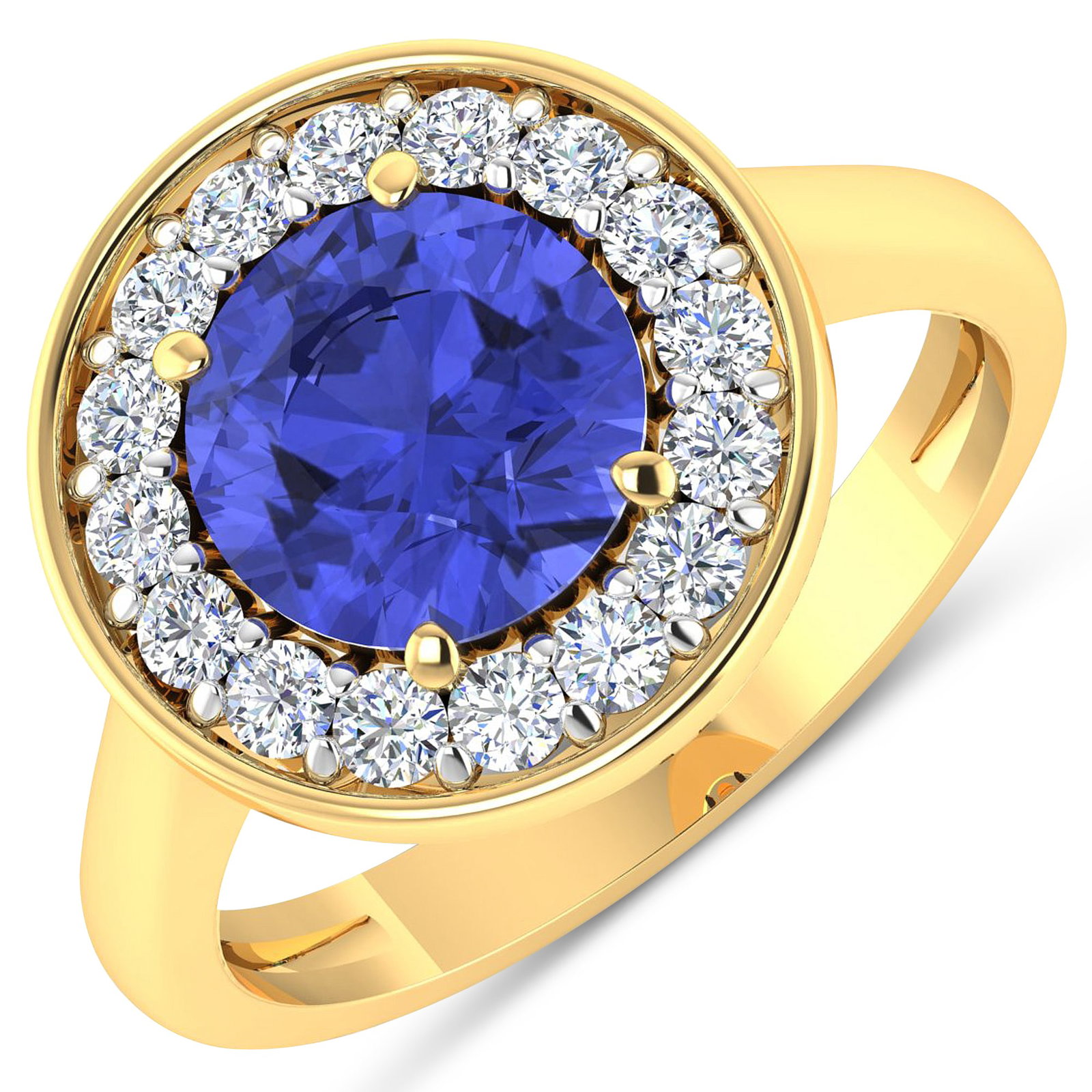 14KT Yellow Gold 2.02ct Tanzanite and Diamond Ring: Tanzanite (AA+) Round 8.00mm - 1Pc + White Diamond F/C Round 2.00mm - 16Pcs ( White Pan Rhodium ) ( Diamond Quality : SI-2/HI ). Total weight of gemstone is 2.02cts. Total weight of Diamonds is