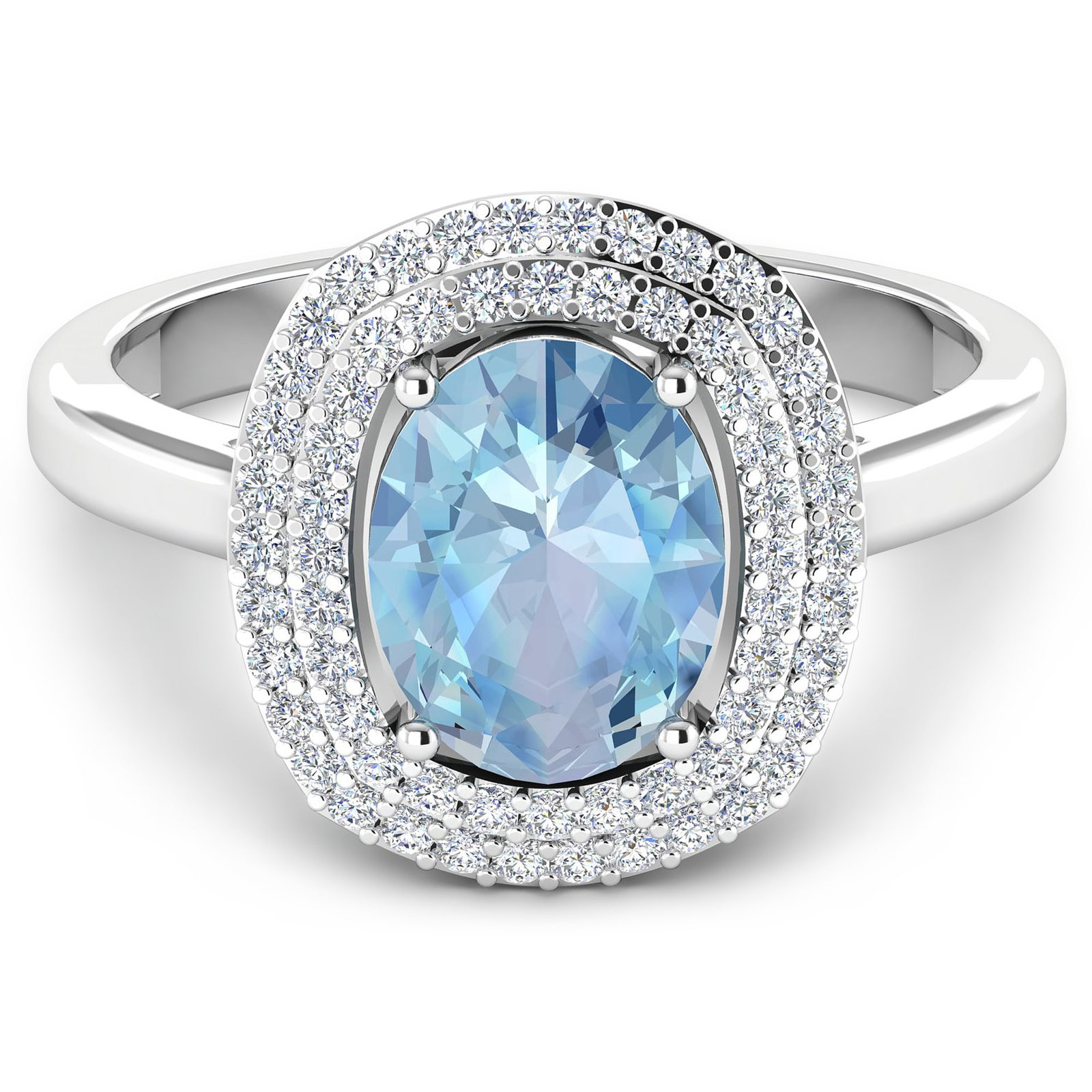 14KT White Gold 1.28ct Aquamarine and Diamond Ring: 1 Aquamarine stone with a total weight of 1.28cts. Aquamarine (AA+) Oval 9x7mm - 1Pc + White Diamond F/C Round 1.00mm - 62Pcs (I1-I2/I color). 0.28cts of Diamonds. Total weight of this ring is 2.49 gr