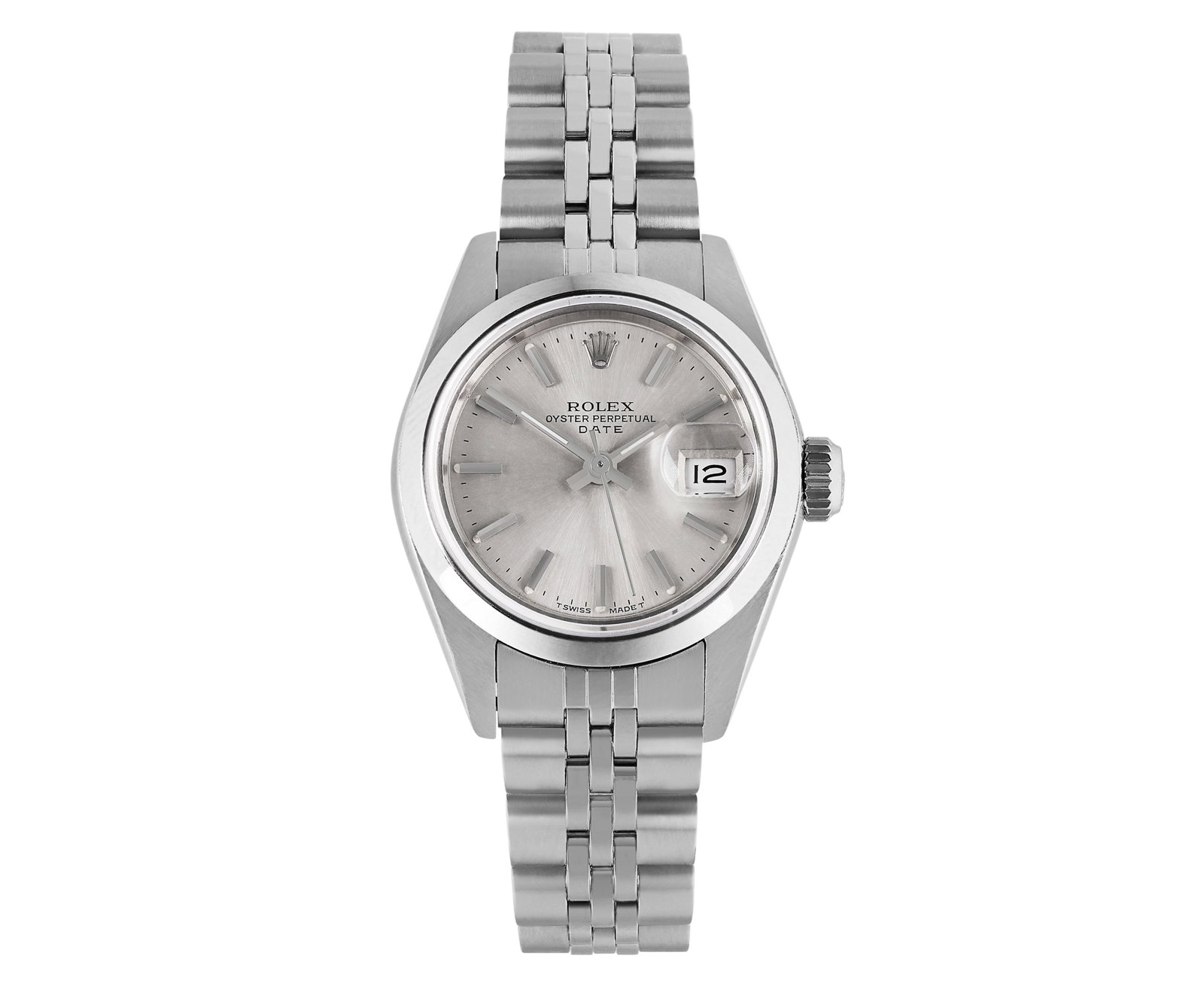 Rolex Ladies Stainless Steel Silver Index Smooth Bezel Quickset Date Watch: This Lady Rolex Quickset Date watch features a silver dial with index hour markers and a custom sapphire crystal, with a magnified date window. The timepiece has Rolex stainless steel smooth bezel. Th
