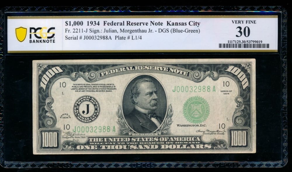 1934 $1000 Kansas City FRN PCGS 30: One 1934 $1000 Kansas City FRN PCGS 30.