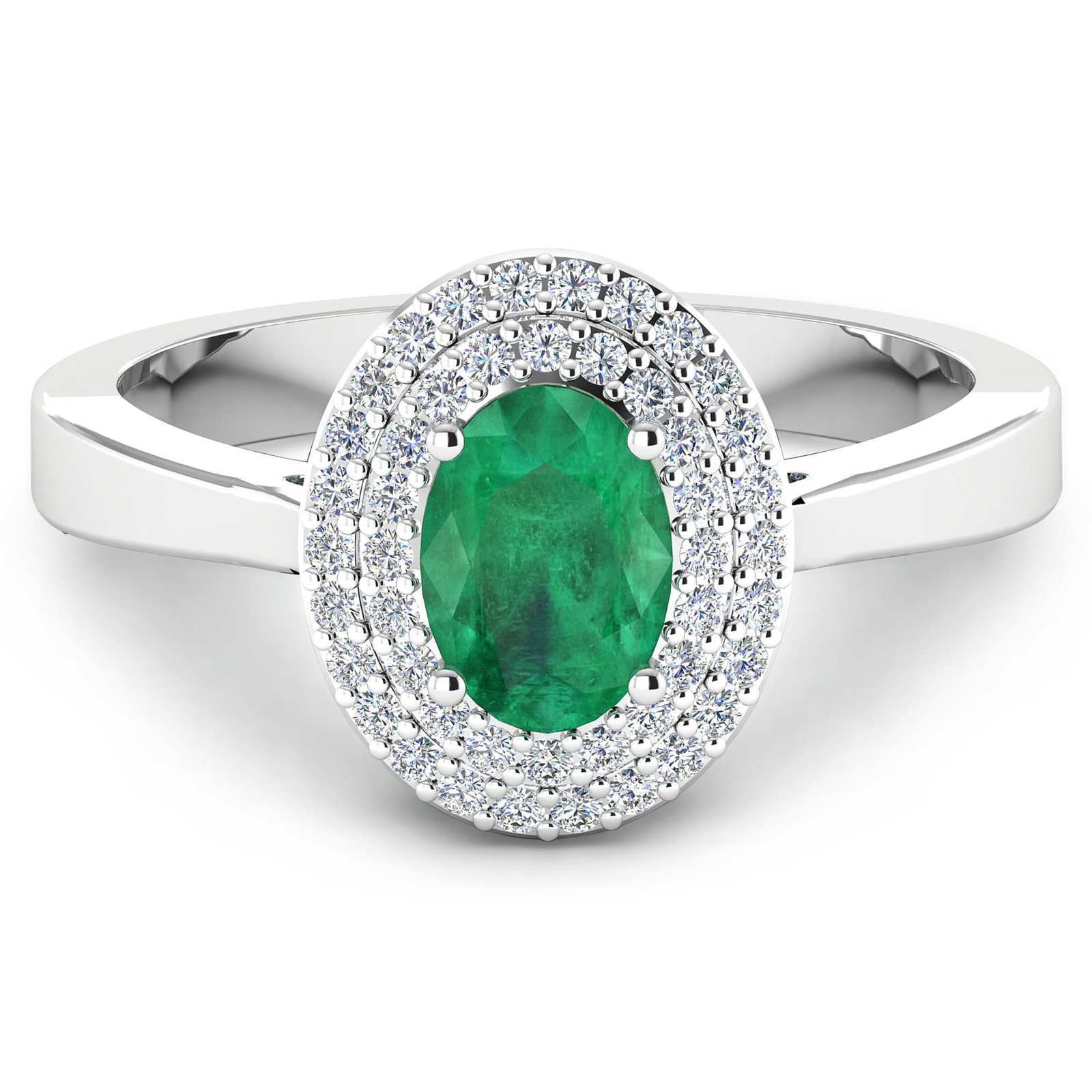14KT White Gold 0.70ct Zambian Emerald and Diamond Ring: Zambian Emerald (AA) Oval 7x5mm - 1Pc + White Diamond F/C Round 0.90mm - 46Pcs (I1-I2/I color). Total weight of gemstone is 0.7cts. Total weight of Diamonds is 0.16cts. Total weight of this ring is 2.