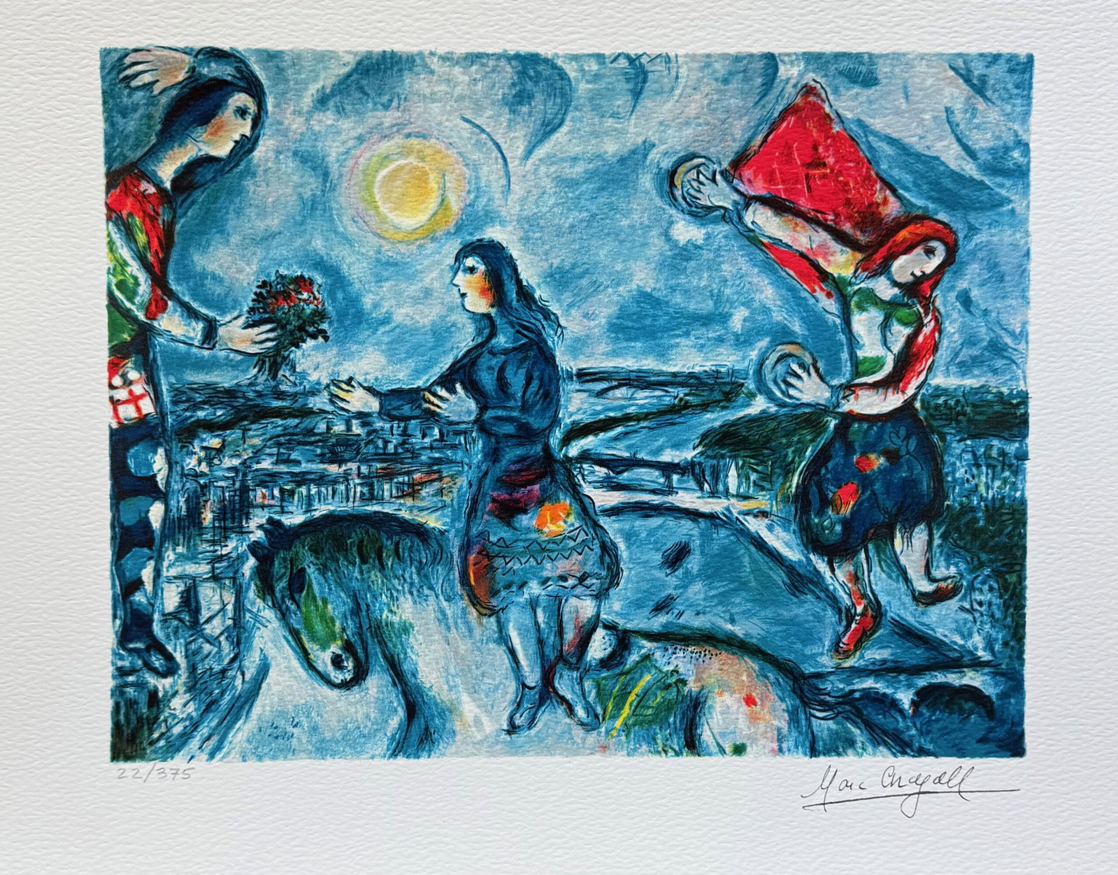 Marc Chagall LOVERS OVER PARIS Facsimile Signed Limited Edition Giclee: This is a Marc Chagall limited edition giclee titled LOVERS OVER PARIS. This giclee is facsimile signed on the lower right and is pencil numbered on the lower left from an edition of 375. Paper measur
