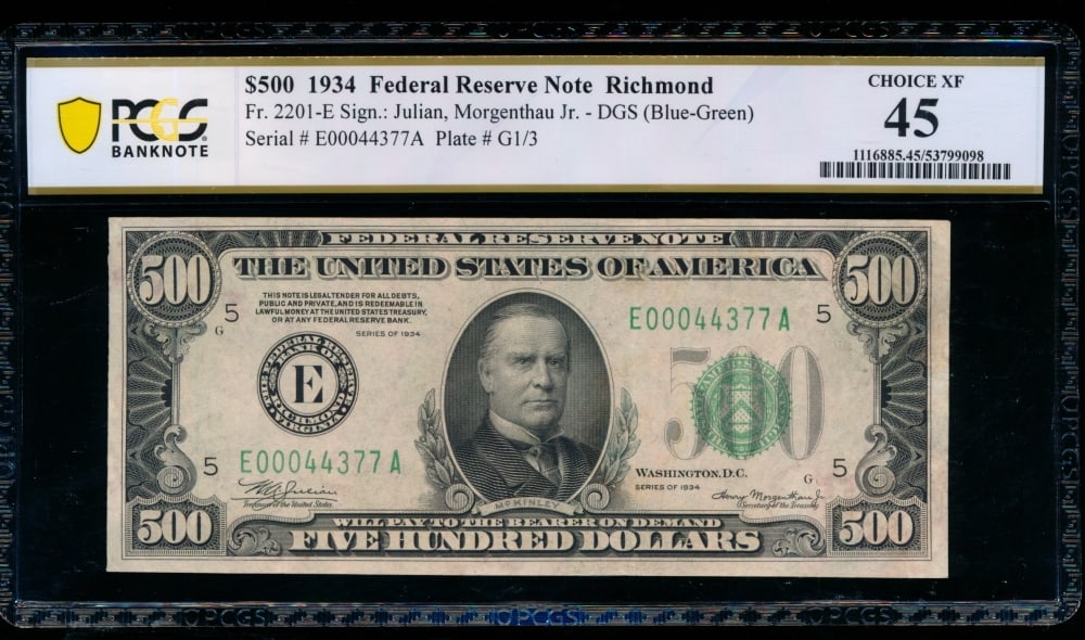 1934 $500 Richmond FRN PCGS 45: One 1934 $500 Richmond FRN PCGS 45.
