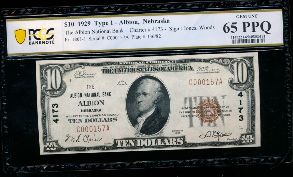 1929 $10 Albion NE National PCGS 65PPQ (1 of 2)