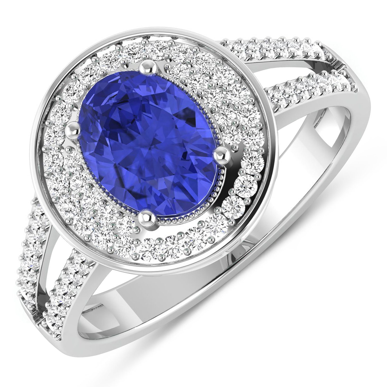 14KT White Gold 1.09ctw Tanzanite and Diamond Ring: Tanzanite (AA+) Oval 8x6mm - 1Pc + White Diamond F/C Round 1.10mm - 24Pcs + White Diamond F/C Round 1.00mm - 40Pcs ( I1-I2/I color ) Total weight of gemstone is 1.09cts. Total Diamond weight is 0.34ct