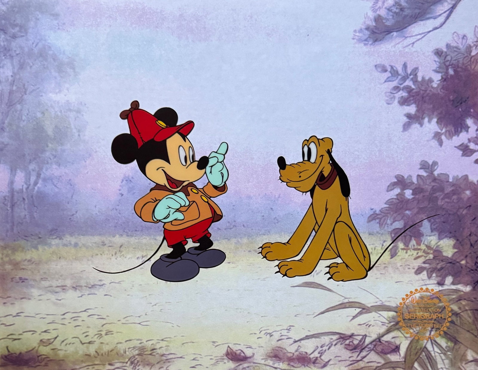 Disney Mickey Mouse Pluto THE POINTER Limited Edition Sericel Animation Art Cel: This is a GENUINE Limited Edition Serigraph Cel of Mickey Mouse & Pluto. From 1939 Walt Disney Studios ? THE POINTER. Disneys own artists have selected this scene from the ORIGINAL animation drawings 