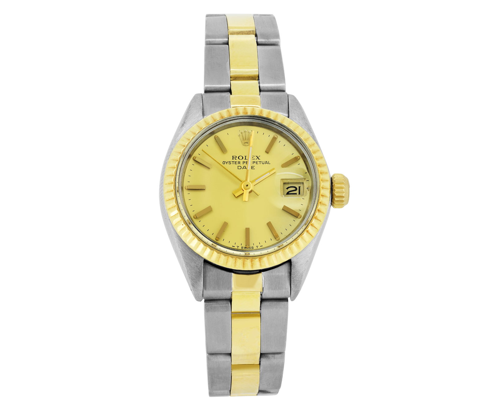 Rolex Ladies Two Tone Yellow Gold & Steel Champagne Index Dial Date Wristwatch: This Lady Rolex Date watch features a champagne index dial with index hour markers and a custom plastic crystal, with a magnified date window. The timepiece has Rolex 14K yellow gold fluted bezel. The