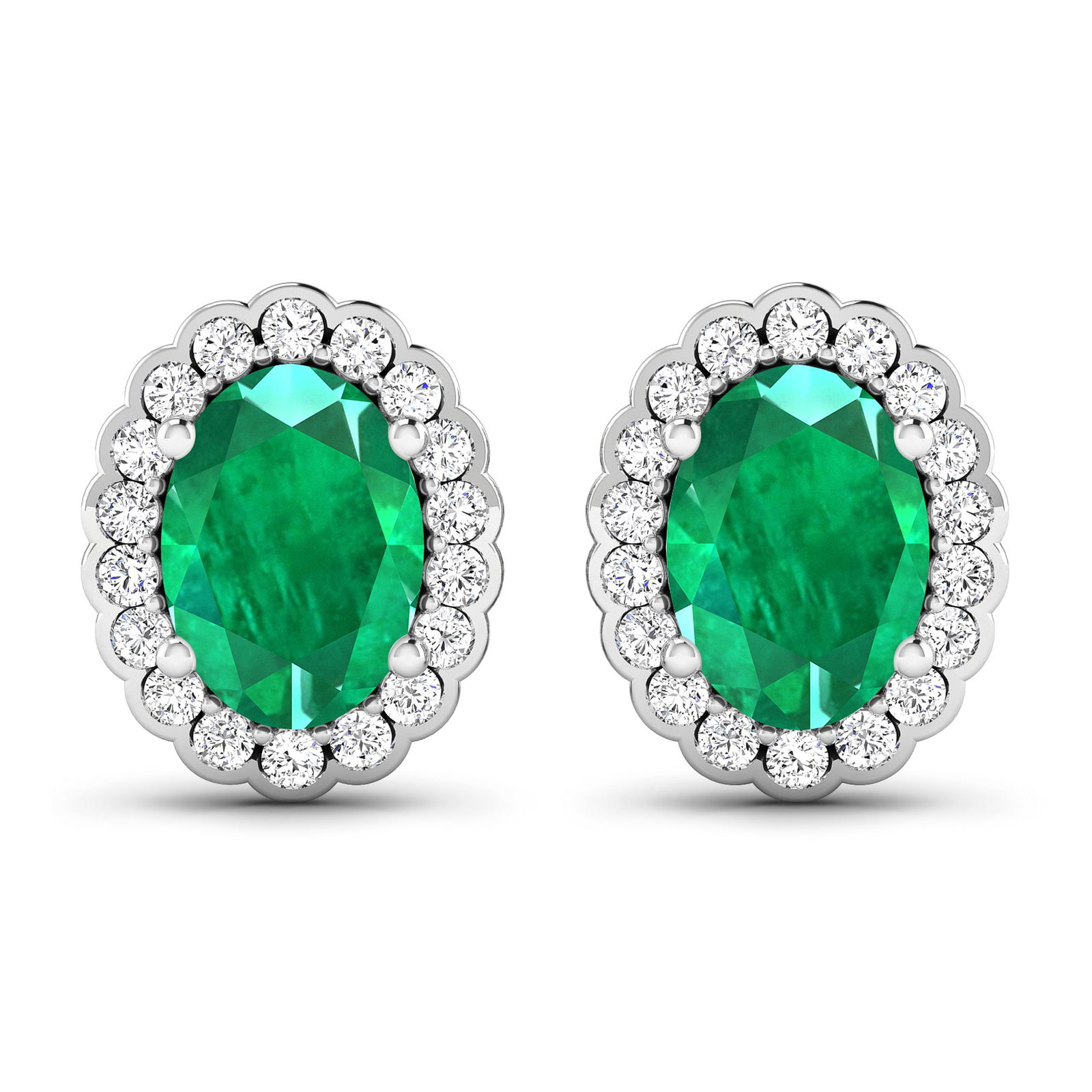 14KT White Gold 1.12ctw Zambian Emerald and Diamond Earrings: Zambian Emerald (AA) Oval 7x5mm - 2Pcs + White Diamond F/C Round 1.20mm - 36Pcs (I1-I2/I color) ( Push Post ) Total weight of gemstones is 1.12cts. Total Diamond weight is 0.28cts. Total weight of the