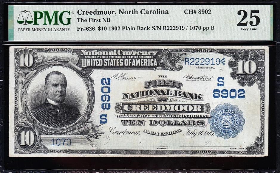 1902 $10 Creedmoor NC National PMG 25: One 1902 $10 Creedmoor NC National PMG 25.