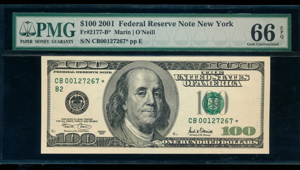 2001 $100 STAR New York FRN PMG 66EPQ: One 2001 $100 STAR New York FRN PMG 66EPQ.