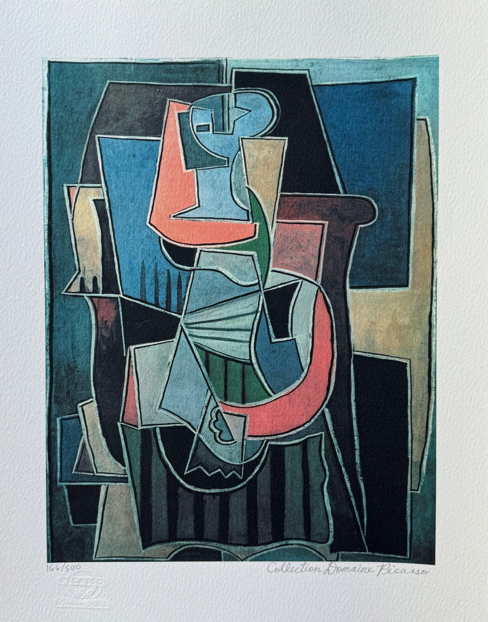 Pablo Picasso ABSTRACT WOMAN Estate Signed Limited Edition: This is a PABLO PICASSO (ESTATE COLLECTION DOMAINE) (1881-1973) small size giclee titled SEATED WOMAN. This piece is pencil signed on the lower right as Collection Domaine Picasso and has an embossed 