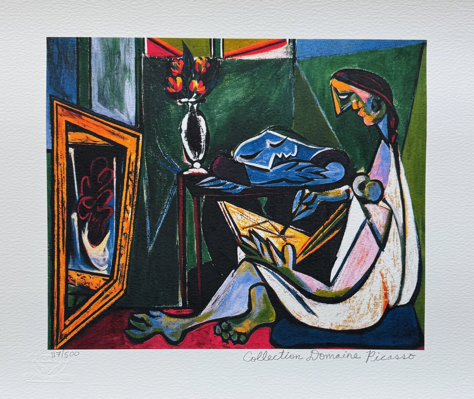 Pablo Picasso WOMAN DRAWING BEFORE A MIRROR Estate Signed Limited Edition Giclee: This is a PABLO PICASSO (ESTATE COLLECTION DOMAINE) (1881-1973) small giclee titled WOMAN DRAWING BEFORE A MIRROR. This piece is pencil signed on the lower right as Collection Domaine Picasso and has 
