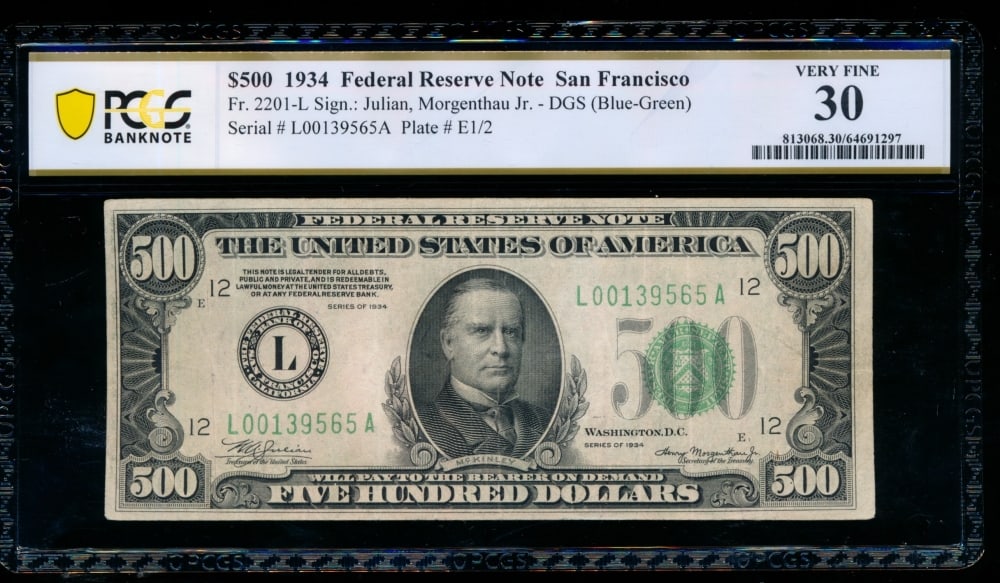 1934 $500 San Francisco FRN PCGS 30: One 1934 $500 San Francisco FRN PCGS 30.