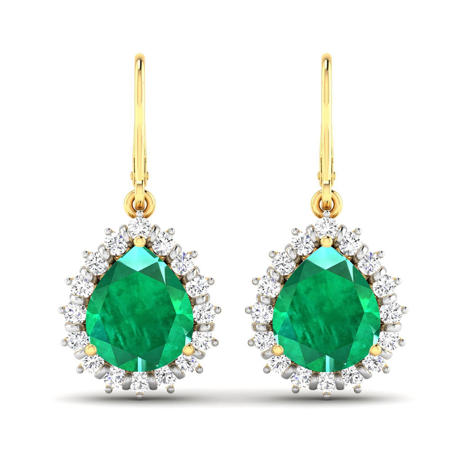 14KT Yellow Gold 2.88ctw Zambian Emerald and Diamond Earrings: Zambian Emerald (AA) Pears 9x7mm - 2Pcs + White Diamond F/C Round 1.50mm - 32Pcs ( Diamond Quality : SI-2/HI ) Total weight of gemstones is 2.88cts. Total Diamond weight is 0.44cts. Total weight of th
