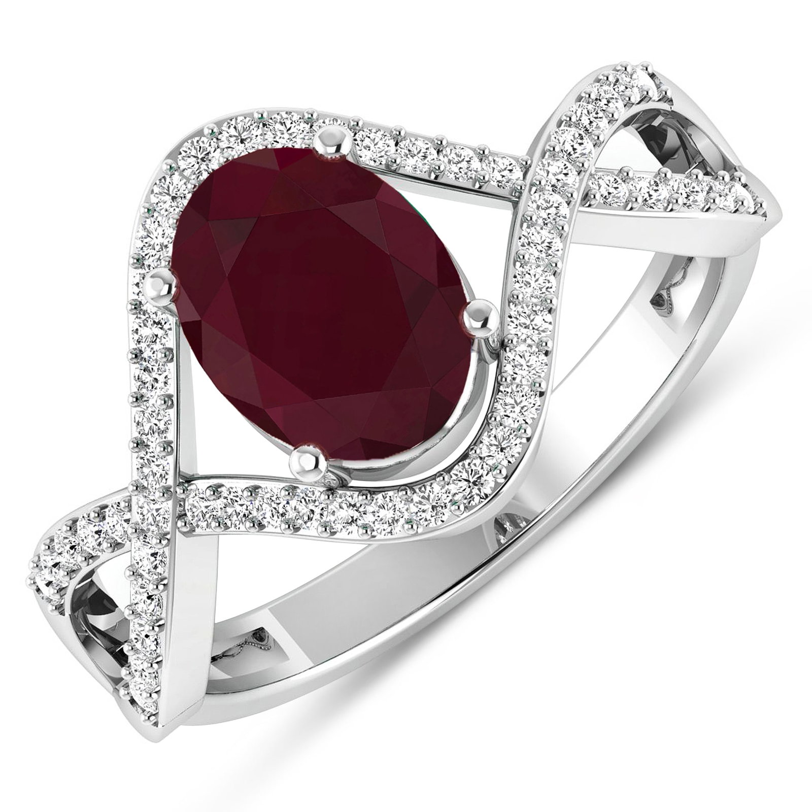 14KT White Gold 1.5ctw Ruby and Diamond Ring: Ruby (AA) Oval 8x6mm - 1Pc + White Diamond F/C Round 1.00mm - 52Pcs ( I1-I2/I color ) Total weight of gemstone is 1.5cts. Total Diamond weight is 0.24cts. Total weight of this ring is 2.78 grams. Ring