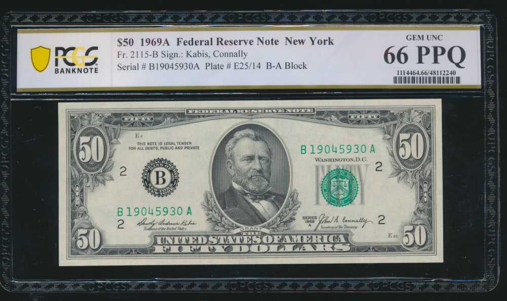 1969A $50 New York FRN PCGS 66PPQ: One 1969A $50 New York FRN PCGS 66PPQ.