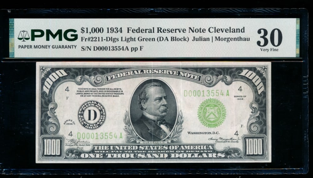 1934 $1000 Cleveland FRN PMG 30: One 1934 $1000 Cleveland FRN PMG 30.