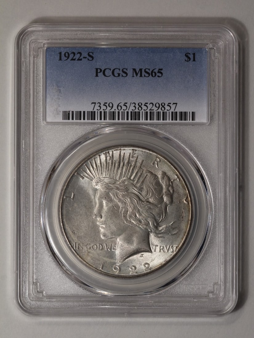 1922-S $1 Peace Silver Dollar PCGS MS65: One 1922-S $1 Peace Silver Dollar PCGS MS65.