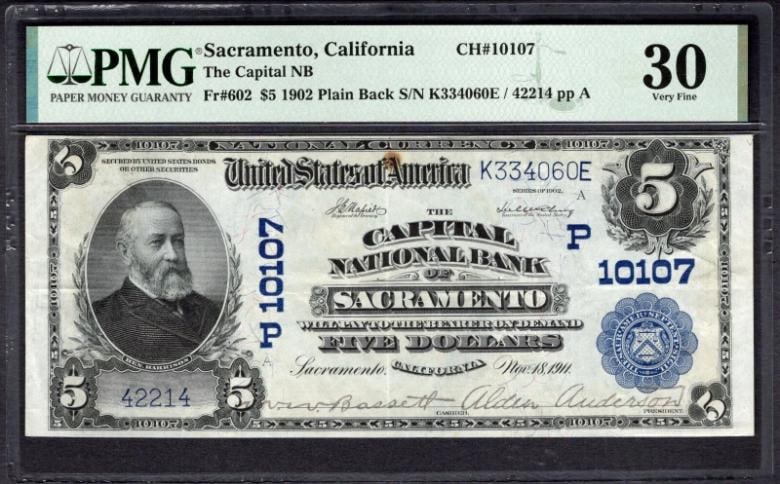 1902 $5 Sacramento CA National PMG 30: One 1902 $5 Sacramento CA National PMG 30.