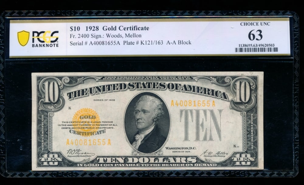 1928 $10 Gold Certificate PCGS 63: One 1928 $10 Gold Certificate PCGS 63.