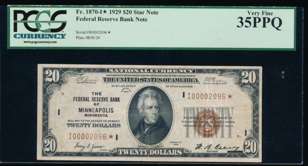 1929 $20 STAR Minneapolis National PCGS 35PPQ: One 1929 $20 STAR Minneapolis National PCGS 35PPQ.