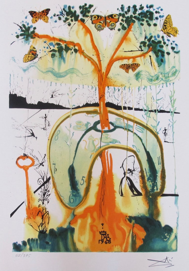 Salvador Dali MAD TEA PARTY Facsimile Signed & Numbered Giclee ALICE IN WONDERLAND: This is a limited edition giclee titled MAD TEA PARTY from the Alice in Wonderland Suite by Salvador Dali. This piece is facsimile signed on the lower right. Pencil numbered from an edition of 375. Pa