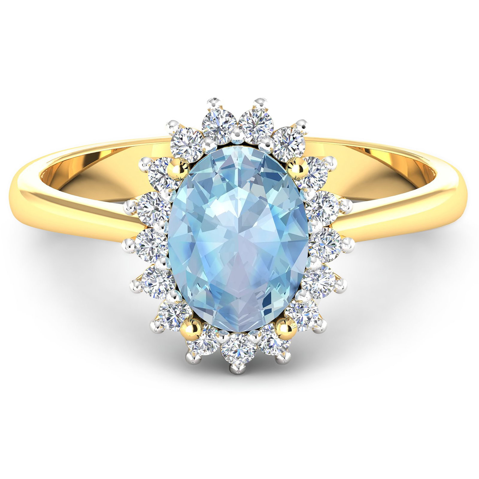 14KT Yellow Gold 1.28ctw Aquamarine and Diamond Ring: (1) Aquamarine stone with a total weight of 1.28cts. Aquamarine (AA+) Oval 9x7mm - 1Pc + White Diamond F/C Round 1.40mm - 20Pcs (I1-I2/I color). Total weight of 2.16 grams. Ring size 7.