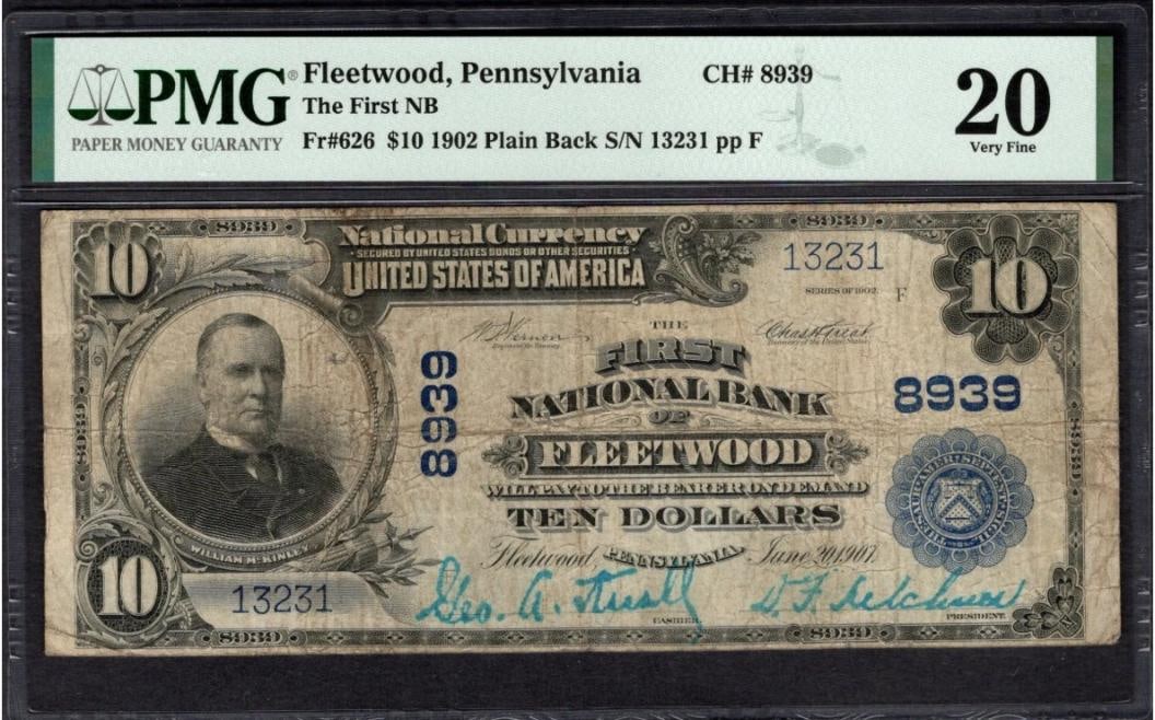 1902 $10 Fleetwood PA National PMG 20: One 1902 $10 Fleetwood PA National PMG 20.