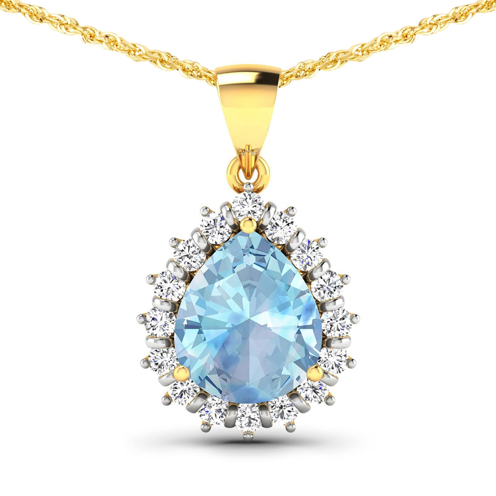14KT Yellow Gold 2.3ctw Aquamarine and Diamond Pendant: Aquamarine Pears 11x9mm - 1Pc + White Diamond F/C Round 2.00mm - 16Pcs ( Diamond Quality : SI-2/HI ) Total weight of gemstone is 2.3cts. Total Diamond weight is 0.48cts. Total weight of this pendant i