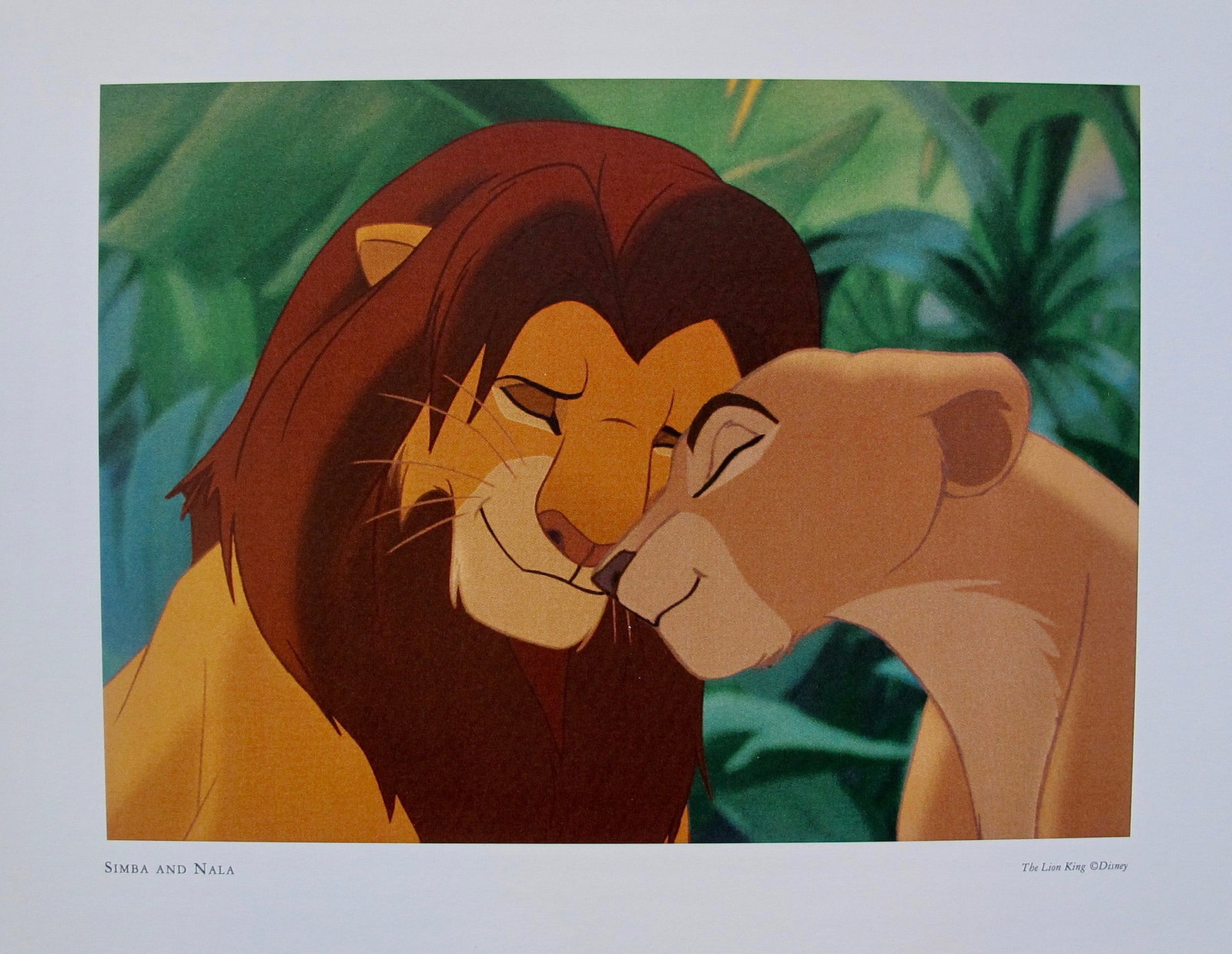 DISNEY THE LION KING SIMBA & NALA Lithograph: This is an offset lithograph titled Simba and Nala from Disneys classic film The Lion King. Paper measures: 14 inches x 11 inches. Image measures 9 inches x 6.5 inches. Comes unframed. In excellent co