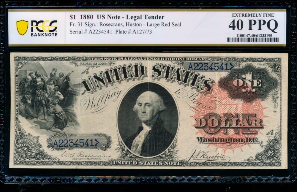 1880 $1 Legal Tender Note PCGS 40PPQ: One 1880 $1 Legal Tender Note PCGS 40PPQ.