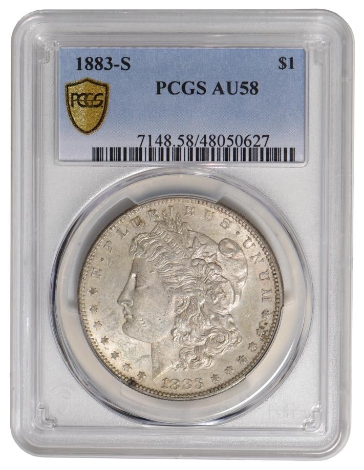 1883-S $1 Morgan Silver Dollar PCGS AU58: One 1883-S $1 Morgan Silver Dollar PCGS AU58.