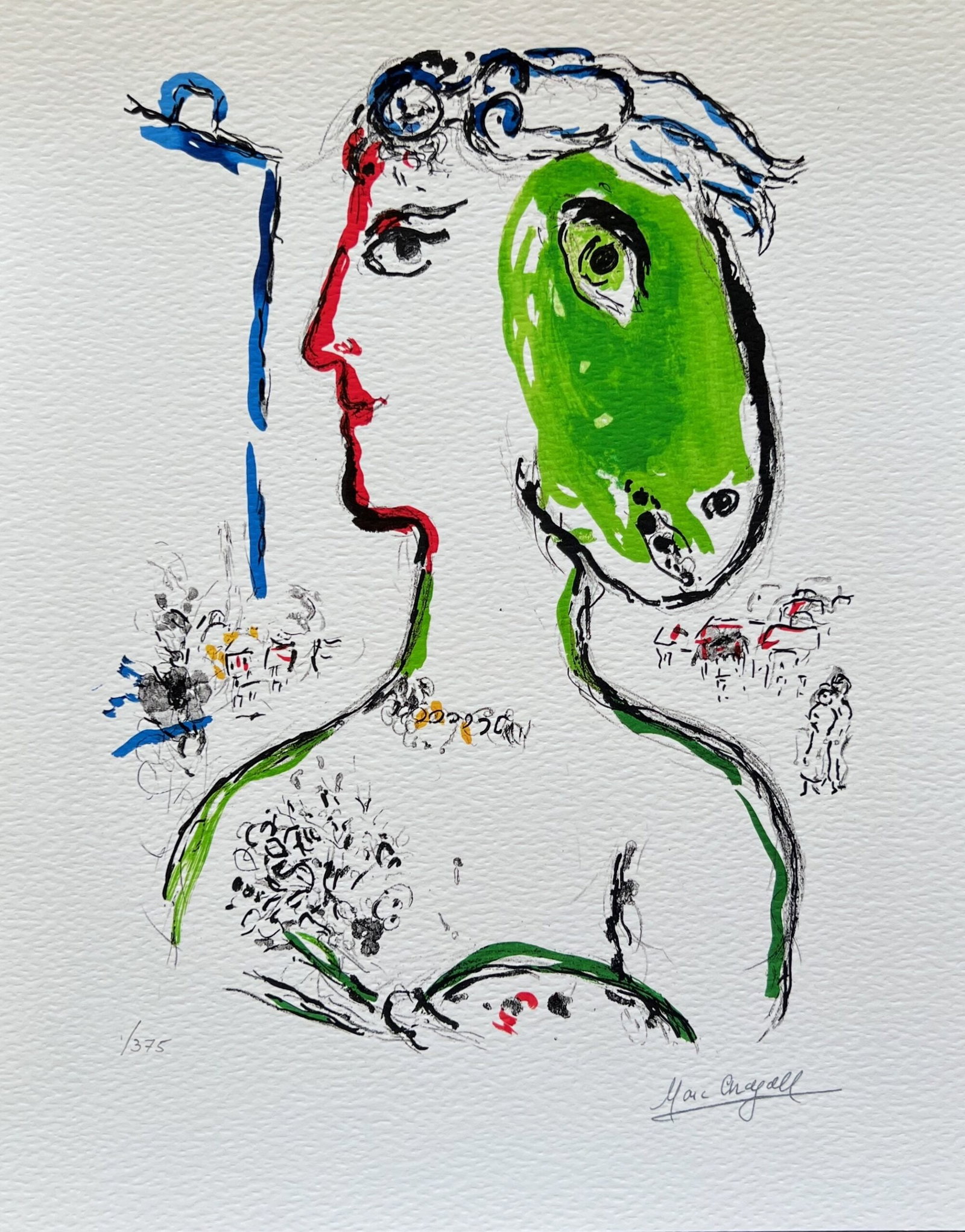 Marc Chagall ARTIST AS PHOENIX Facsimile Signed Limited Edition Giclee: This is a Marc Chagall limited edition giclee titled Artist as Phoenix. This subject is facsimile signed which means it has a copy of Chagalls signature. Numbered from a limited edition of 375. Image 
