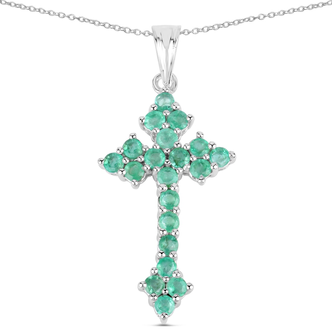 Plated Rhodium 2.00ctw Zambian Emerald Pendant: This rhodium?plated .925 sterling silver cross pendant features 2.00 ctw of natural Zambian emeralds, showcasing twenty 3.00 mm round stones arranged in a vibrant, symmetrical design. With a 4.5?gram 