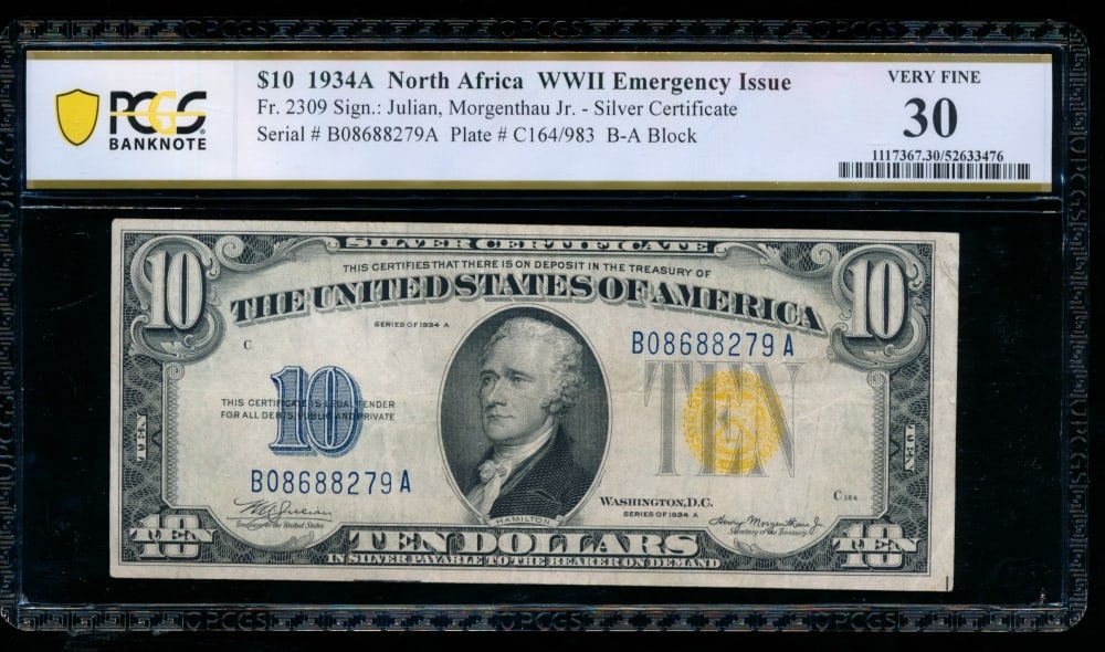 1934A $10 N Africa Silver Certificate PCGS 30: One 1934A $10 N Africa Silver Certificate PCGS 30.
