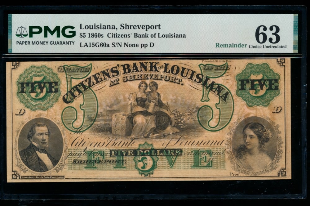 1860s $5 Shreveport LA Obsolete PMG 63 (1 of 2)