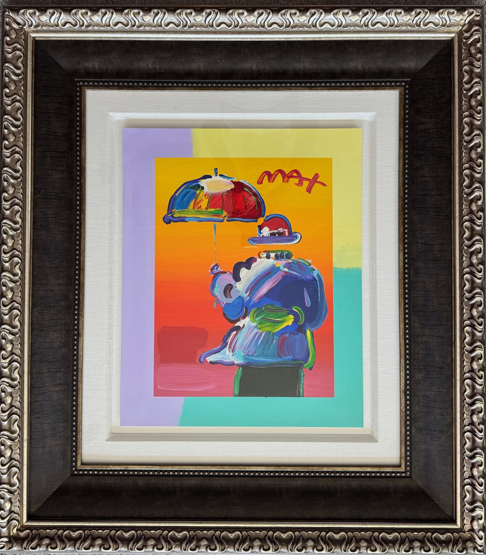 Peter Max UMBRELLA MAN 2015 Hand Signed Painted Serigraph with COA & Appraisal: This is a hand signed mixed media serigraph by Peter Max titled Umbrella Man. This piece is hand Signed with acrylic painting by Peter Max himself. Mixed media with acrylic painting and color serigrap