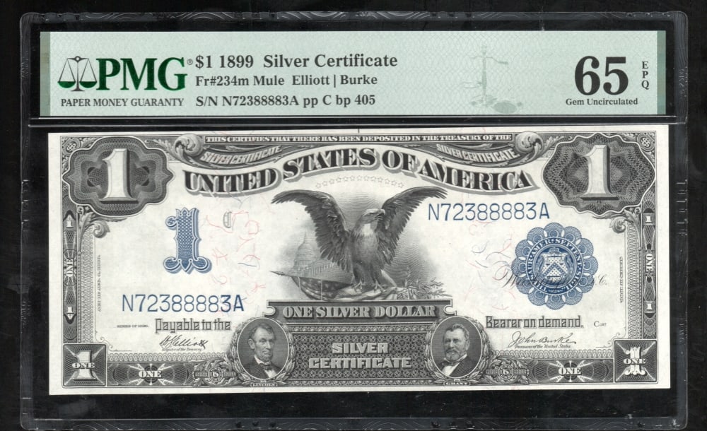1899 $1 Black Eagle Silver Certificate PMG 65EPQ: One 1899 $1 Black Eagle Silver Certificate PMG 65EPQ.