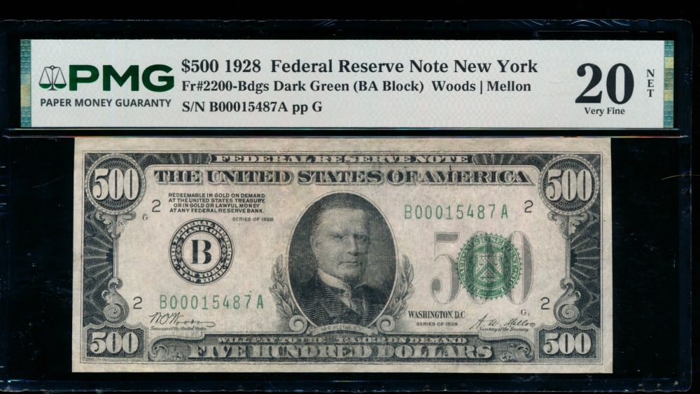 1928 $500 New York FRN PMG 20NET: One 1928 $500 New York FRN PMG 20NET.