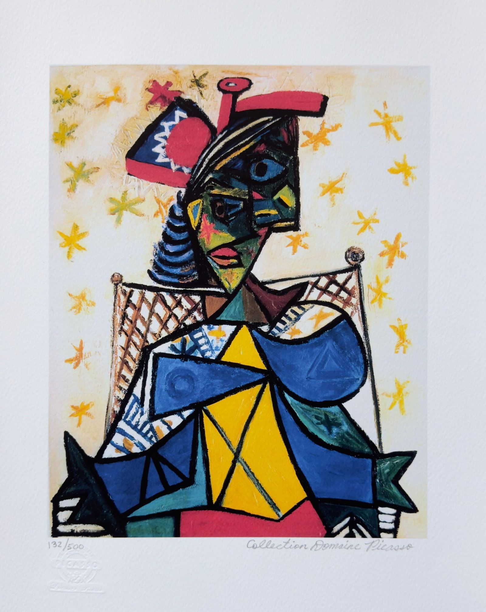 Pablo Picasso SEATED WOMAN WITH RED BLUE HAT Estate Signed Limited Edition Giclee: This is a PABLO PICASSO (ESTATE COLLECTION DOMAINE) (1881-1973) giclee titled SEATED WOMAN WITH RED AND BLUE HAT. This piece is pencil signed on the lower right as Collection Domaine Picasso and has a